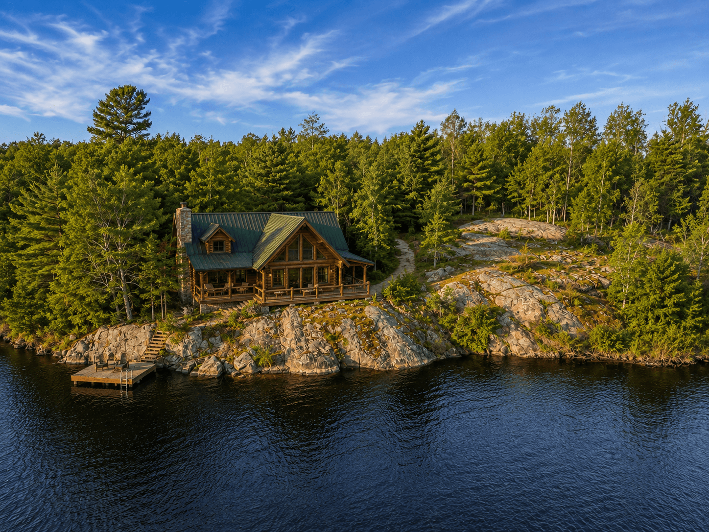 Aerial drone view at sunset of a large forested property with red lines outlining the approximate lot boundaries, including a section of shoreline along a small lake, a gravel driveway leading to a house near the road, and dense green forest covering most of the land.